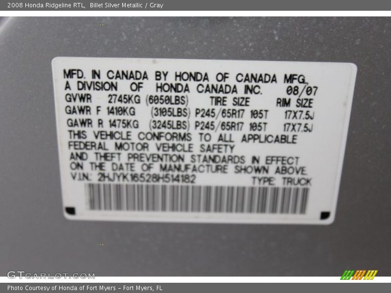 Billet Silver Metallic / Gray 2008 Honda Ridgeline RTL
