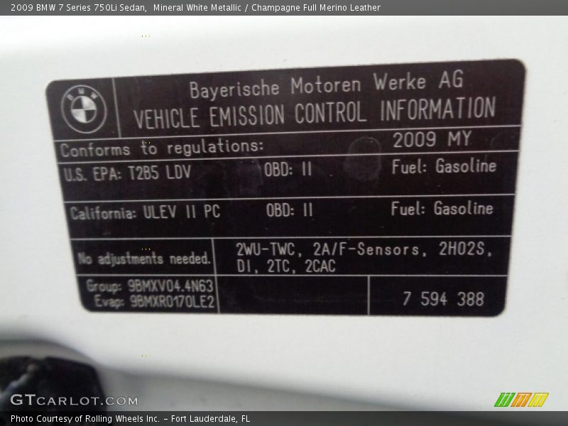 Mineral White Metallic / Champagne Full Merino Leather 2009 BMW 7 Series 750Li Sedan