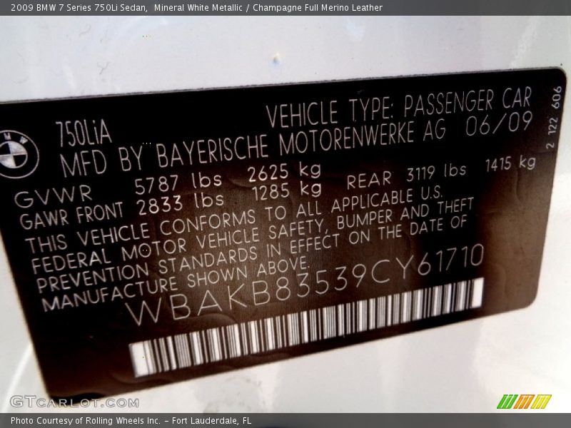 Mineral White Metallic / Champagne Full Merino Leather 2009 BMW 7 Series 750Li Sedan