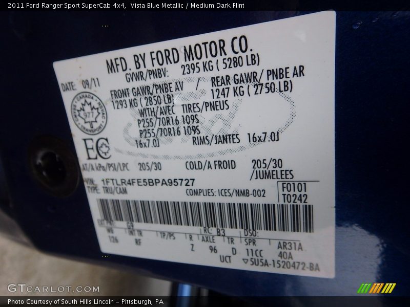 Vista Blue Metallic / Medium Dark Flint 2011 Ford Ranger Sport SuperCab 4x4