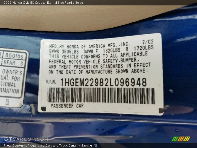 Eternal Blue Pearl / Beige 2002 Honda Civic EX Coupe