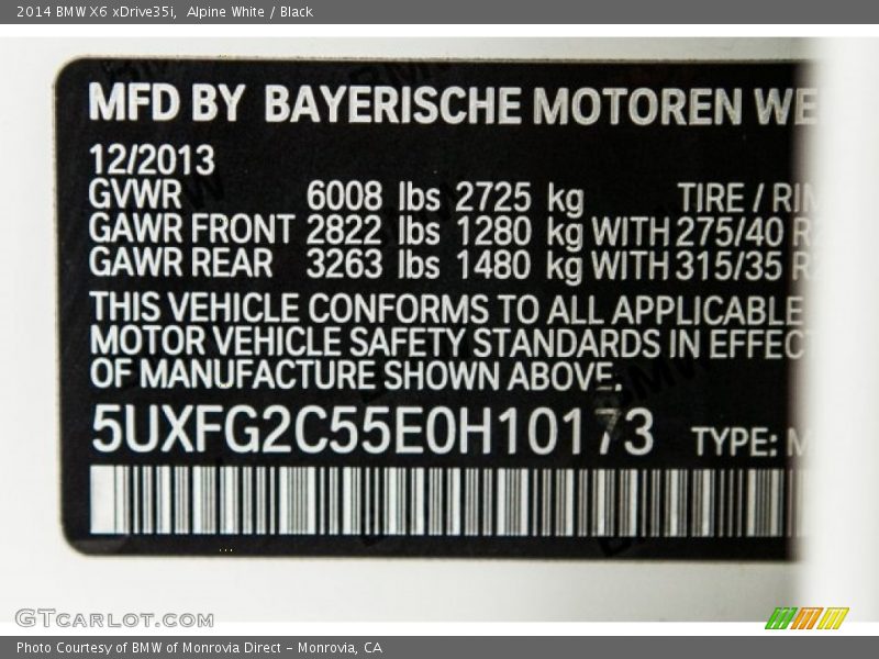 Alpine White / Black 2014 BMW X6 xDrive35i