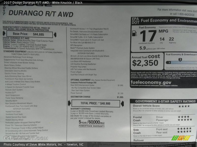White Knuckle / Black 2017 Dodge Durango R/T AWD