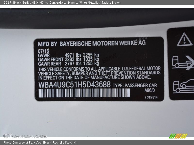 Mineral White Metallic / Saddle Brown 2017 BMW 4 Series 430i xDrive Convertible