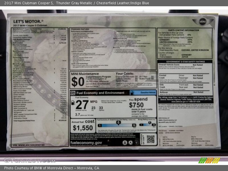 Thunder Gray Metallic / Chesterfield Leather/Indigo Blue 2017 Mini Clubman Cooper S