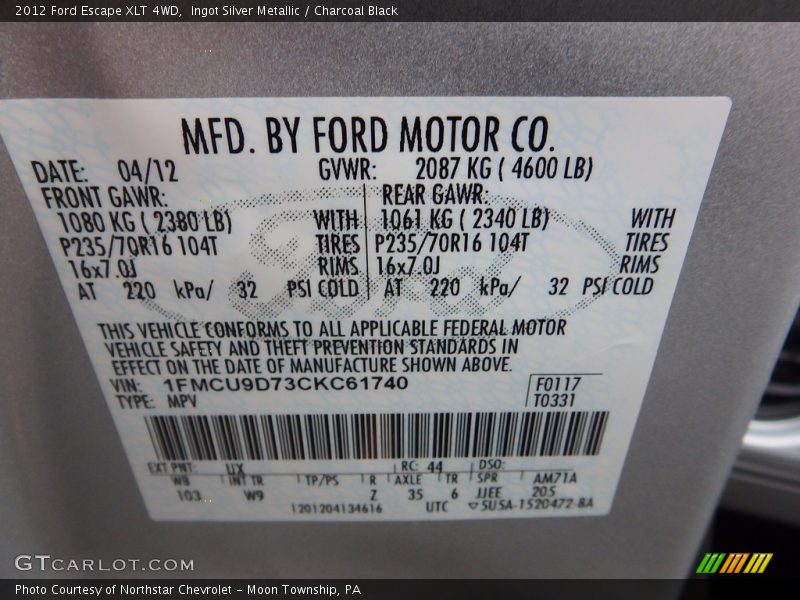 Ingot Silver Metallic / Charcoal Black 2012 Ford Escape XLT 4WD