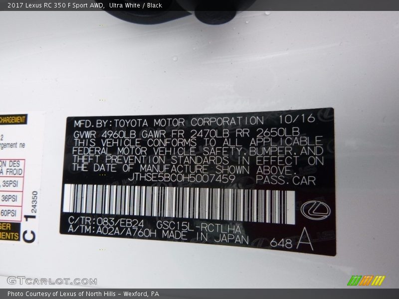 2017 RC 350 F Sport AWD Ultra White Color Code 083