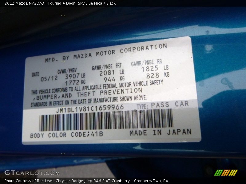 Sky Blue Mica / Black 2012 Mazda MAZDA3 i Touring 4 Door