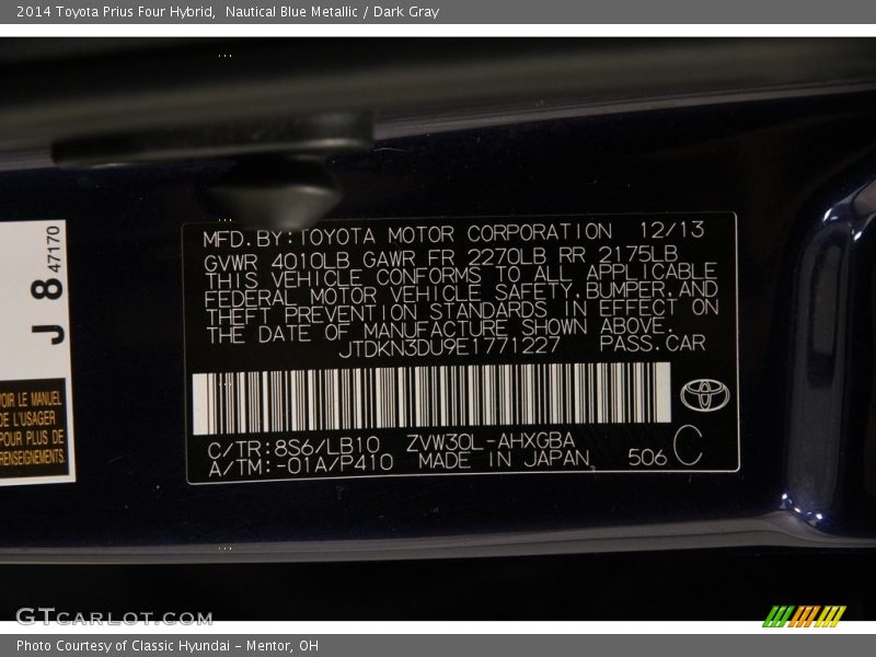 Nautical Blue Metallic / Dark Gray 2014 Toyota Prius Four Hybrid