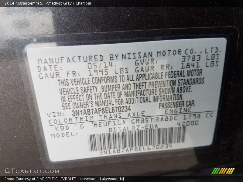 Amethyst Gray / Charcoal 2014 Nissan Sentra S