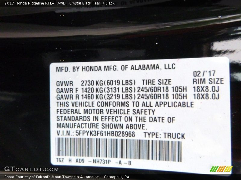 Crystal Black Pearl / Black 2017 Honda Ridgeline RTL-T AWD