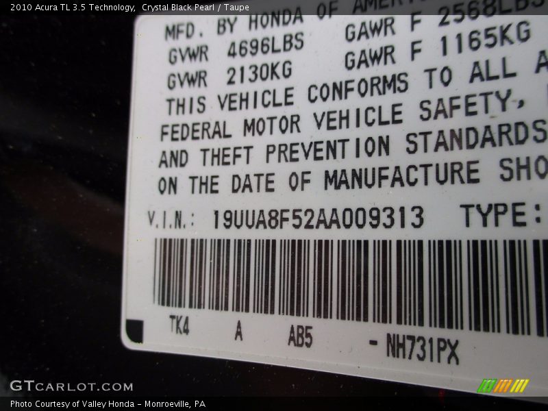 Crystal Black Pearl / Taupe 2010 Acura TL 3.5 Technology