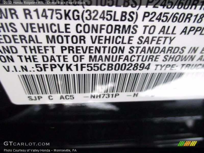 Crystal Black Pearl / Black 2012 Honda Ridgeline RTL
