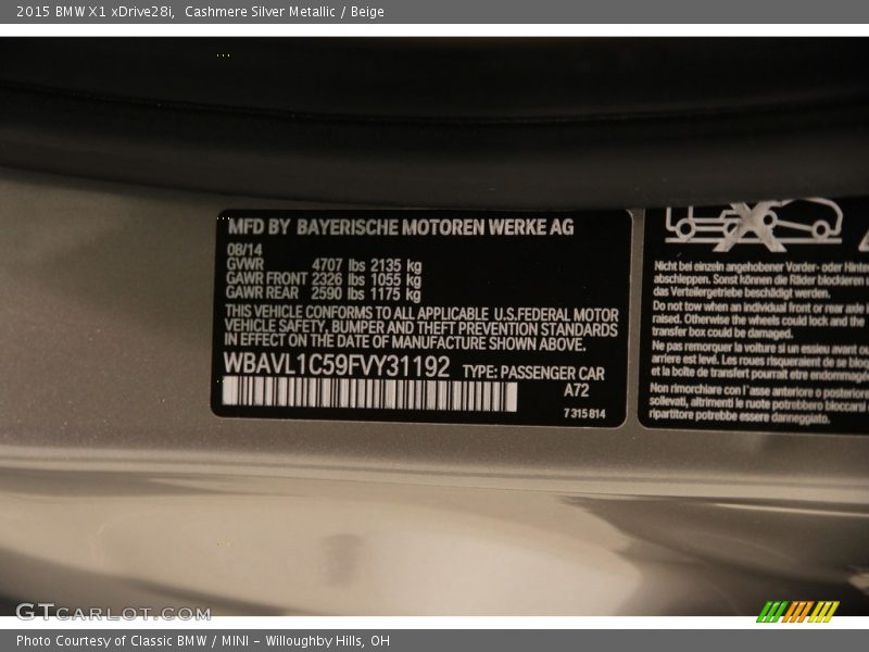 2015 X1 xDrive28i Cashmere Silver Metallic Color Code A72