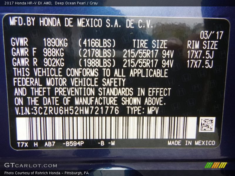 Deep Ocean Pearl / Gray 2017 Honda HR-V EX AWD