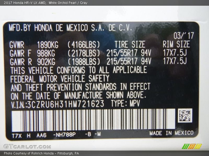White Orchid Pearl / Gray 2017 Honda HR-V LX AWD