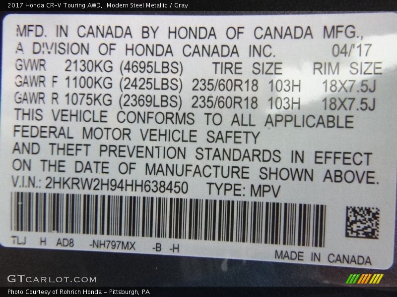 Modern Steel Metallic / Gray 2017 Honda CR-V Touring AWD