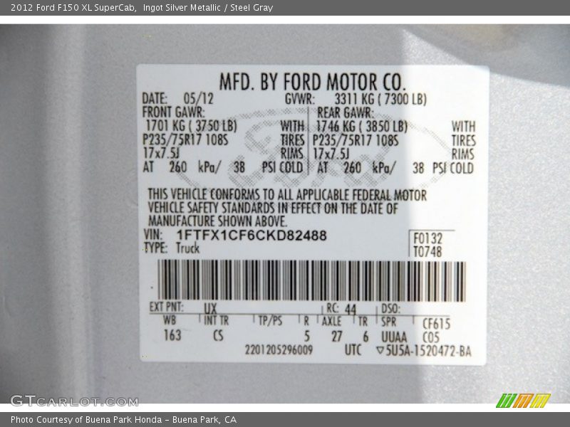 Ingot Silver Metallic / Steel Gray 2012 Ford F150 XL SuperCab