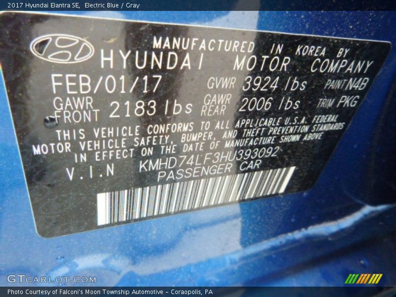 Electric Blue / Gray 2017 Hyundai Elantra SE