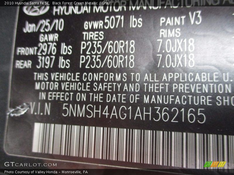 Black Forest Green Metallic / Gray 2010 Hyundai Santa Fe SE