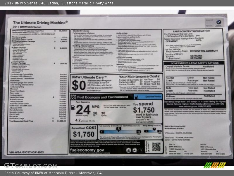 Bluestone Metallic / Ivory White 2017 BMW 5 Series 540i Sedan