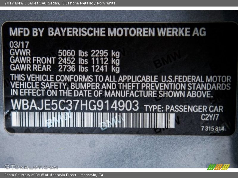 Bluestone Metallic / Ivory White 2017 BMW 5 Series 540i Sedan