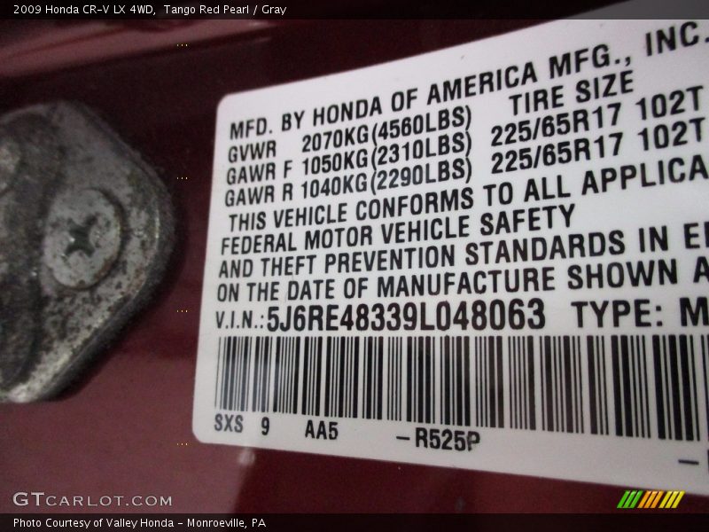 Tango Red Pearl / Gray 2009 Honda CR-V LX 4WD