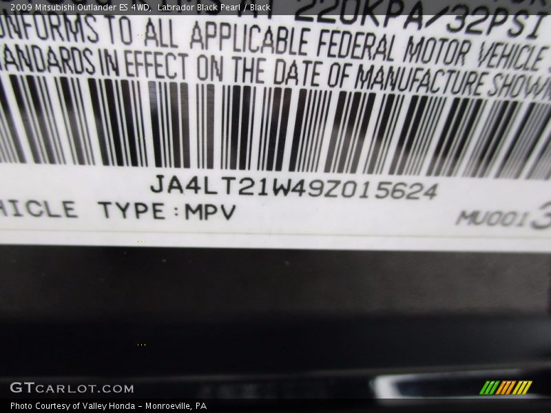 Labrador Black Pearl / Black 2009 Mitsubishi Outlander ES 4WD