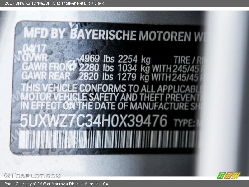 Glacier Silver Metallic / Black 2017 BMW X3 sDrive28i