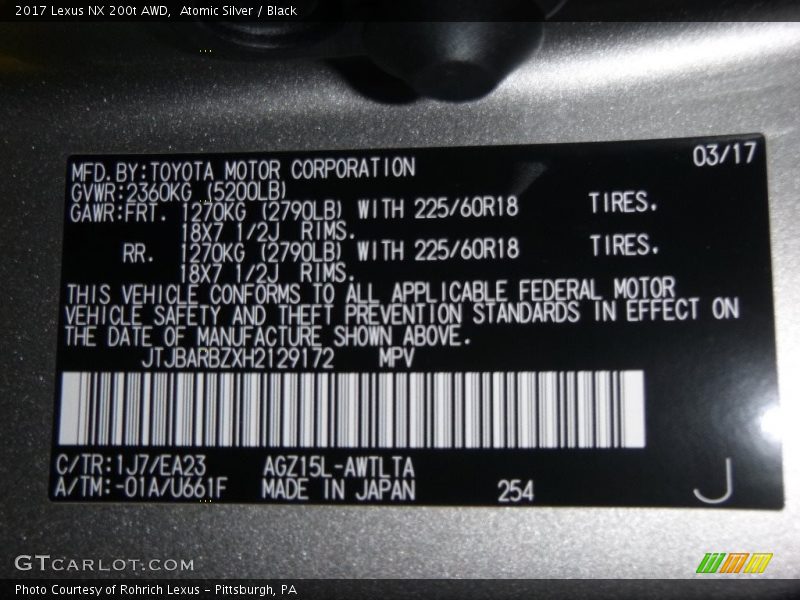 Atomic Silver / Black 2017 Lexus NX 200t AWD