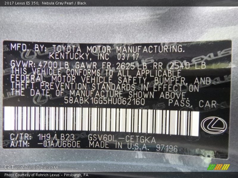 Nebula Gray Pearl / Black 2017 Lexus ES 350
