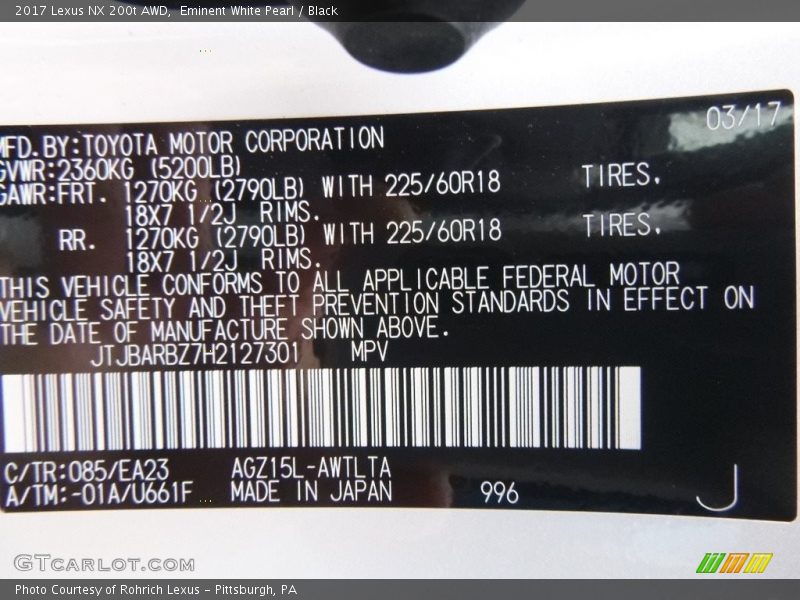Eminent White Pearl / Black 2017 Lexus NX 200t AWD