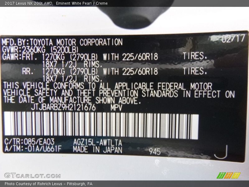 Eminent White Pearl / Creme 2017 Lexus NX 200t AWD