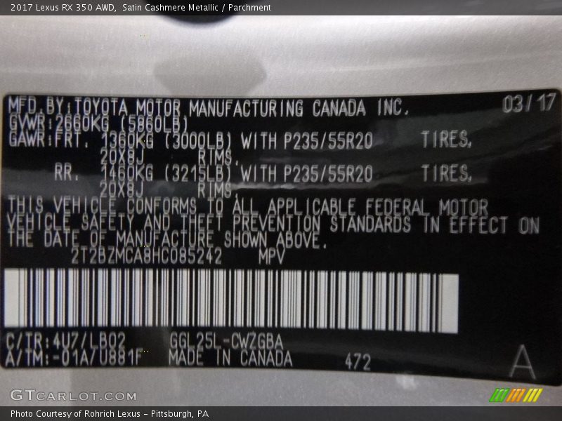 Satin Cashmere Metallic / Parchment 2017 Lexus RX 350 AWD