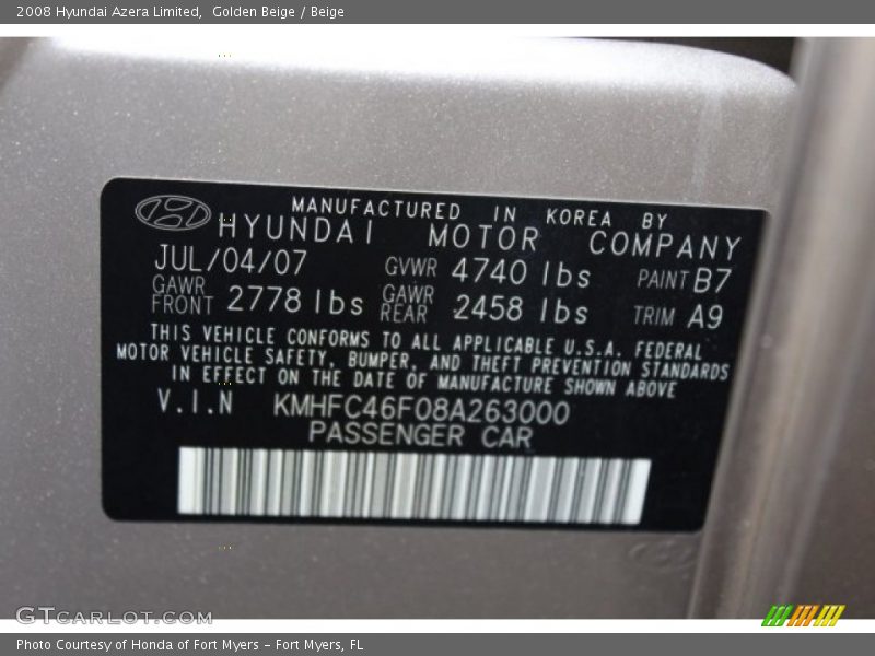 Golden Beige / Beige 2008 Hyundai Azera Limited
