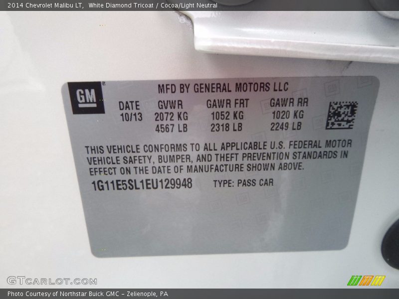 White Diamond Tricoat / Cocoa/Light Neutral 2014 Chevrolet Malibu LT