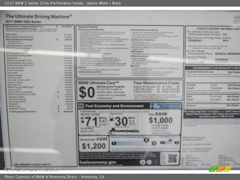 Alpine White / Black 2017 BMW 3 Series 330e iPerfomance Sedan