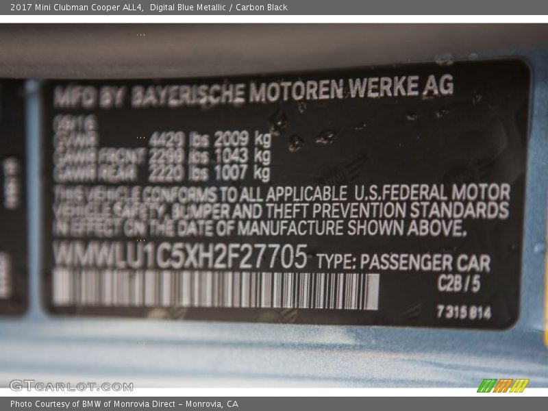 Digital Blue Metallic / Carbon Black 2017 Mini Clubman Cooper ALL4