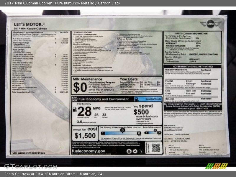 Pure Burgundy Metallic / Carbon Black 2017 Mini Clubman Cooper