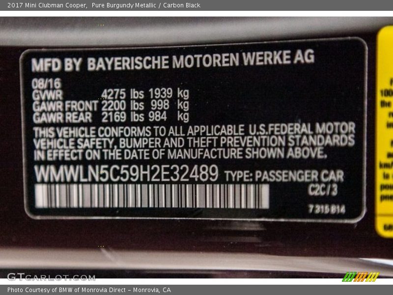 Pure Burgundy Metallic / Carbon Black 2017 Mini Clubman Cooper