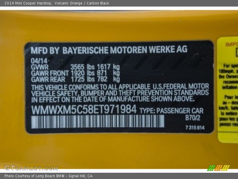 Volcanic Orange / Carbon Black 2014 Mini Cooper Hardtop