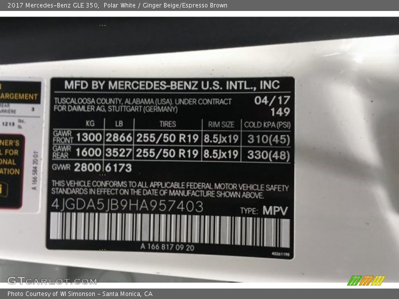 Polar White / Ginger Beige/Espresso Brown 2017 Mercedes-Benz GLE 350