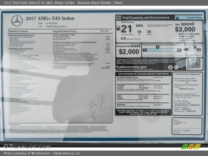  2017 E 43 AMG 4Matic Sedan Window Sticker