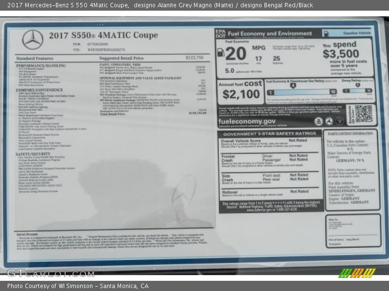  2017 S 550 4Matic Coupe Window Sticker