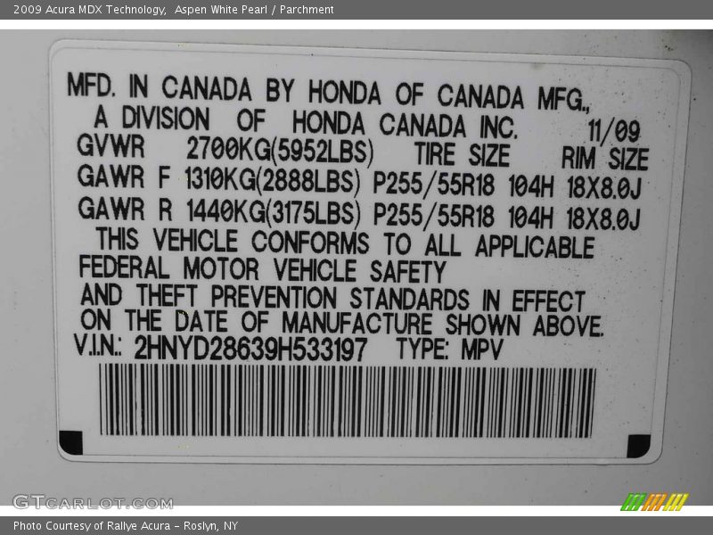 Aspen White Pearl / Parchment 2009 Acura MDX Technology