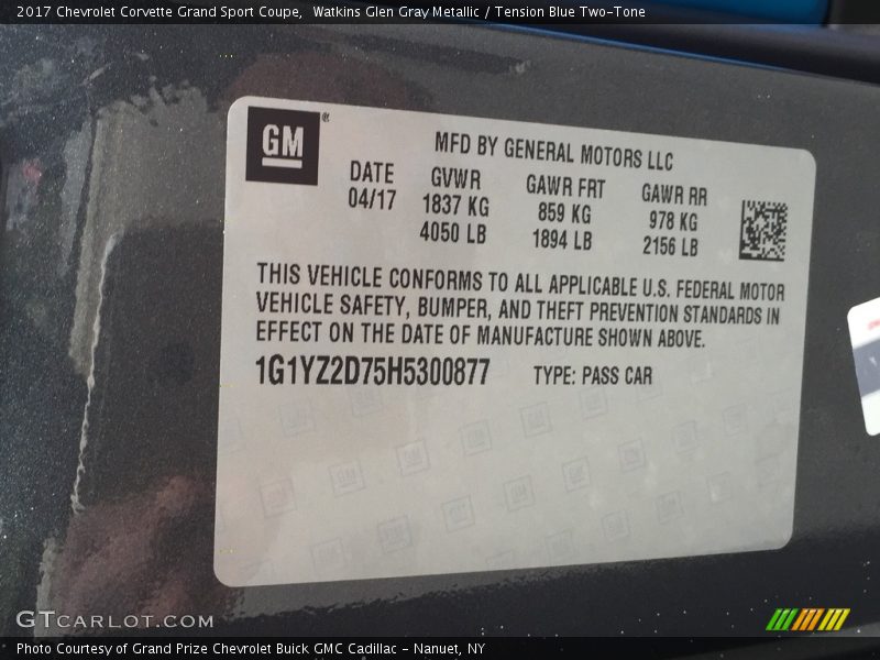 Watkins Glen Gray Metallic / Tension Blue Two-Tone 2017 Chevrolet Corvette Grand Sport Coupe