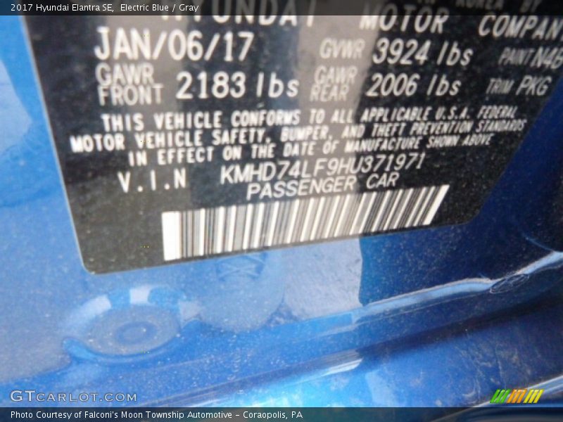 Electric Blue / Gray 2017 Hyundai Elantra SE