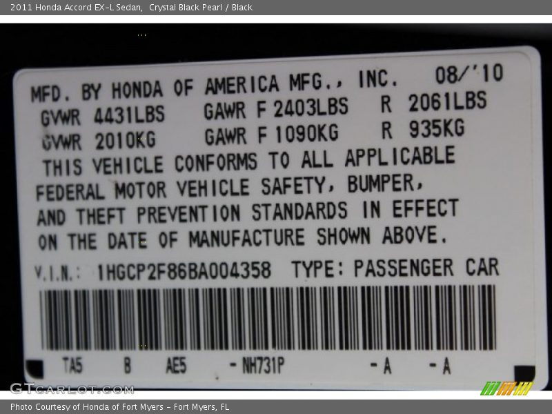 Crystal Black Pearl / Black 2011 Honda Accord EX-L Sedan