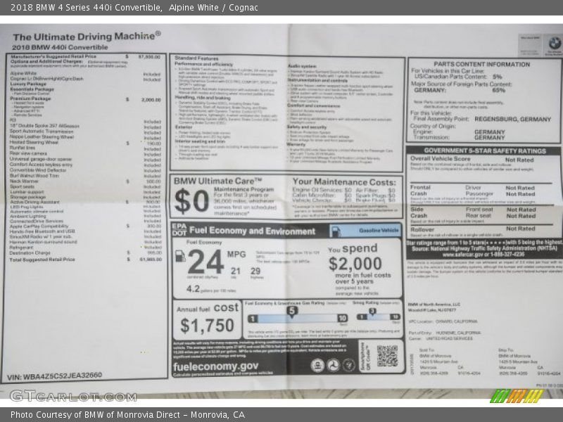  2018 4 Series 440i Convertible Window Sticker