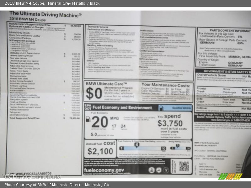  2018 M4 Coupe Window Sticker